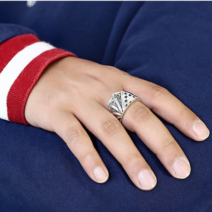 Playing Card Chunky Cubic Zirconia Engraved Adjustable 925 Sterling Silver Ring For Men  Vintage Wholesale Jewelry