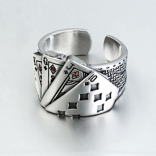 Playing Card Chunky Cubic Zirconia Engraved Adjustable 925 Sterling Silver Ring For Men  Vintage Wholesale Jewelry