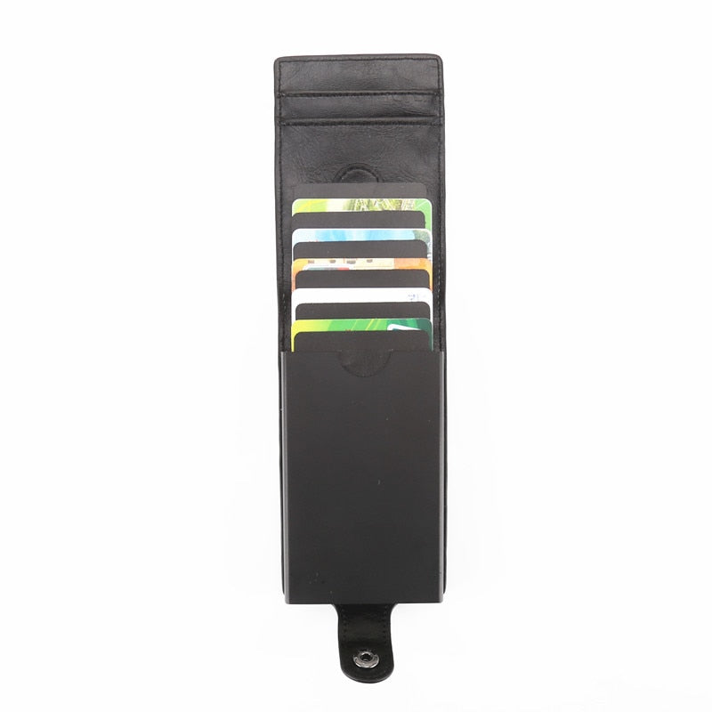 New RFID Blocking Men Women Leather Wallets Card Case Automatic Pull Down ID Credit Card Holder Pop UP Cardholder