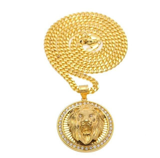 Mens Hip Hop Jewelry Iced Out Gold Color Fashion Bling Bling Lion Head Pendant Men Necklace Gold Color For Gift/present