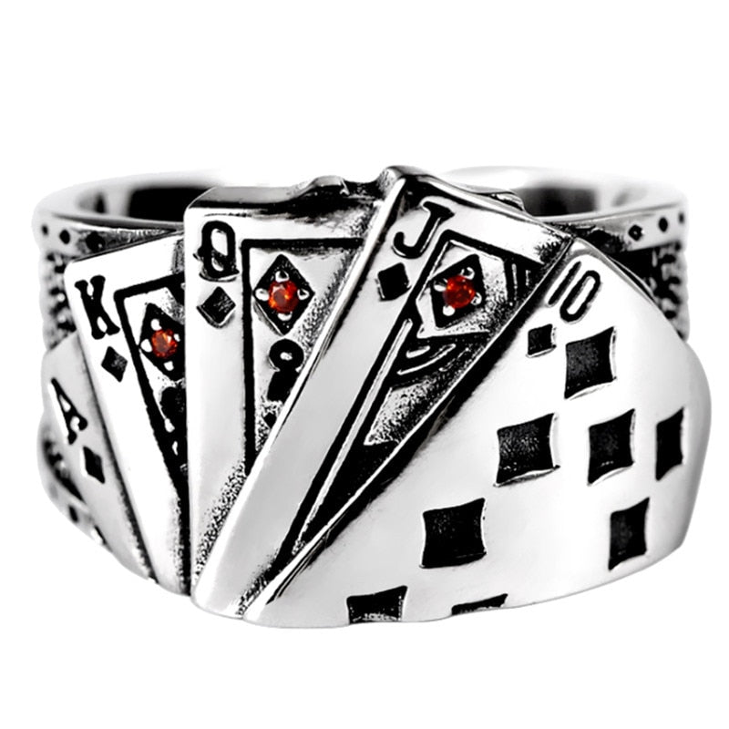 Playing Card Chunky Cubic Zirconia Engraved Adjustable 925 Sterling Silver Ring For Men  Vintage Wholesale Jewelry