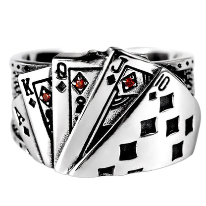Playing Card Chunky Cubic Zirconia Engraved Adjustable 925 Sterling Silver Ring For Men  Vintage Wholesale Jewelry