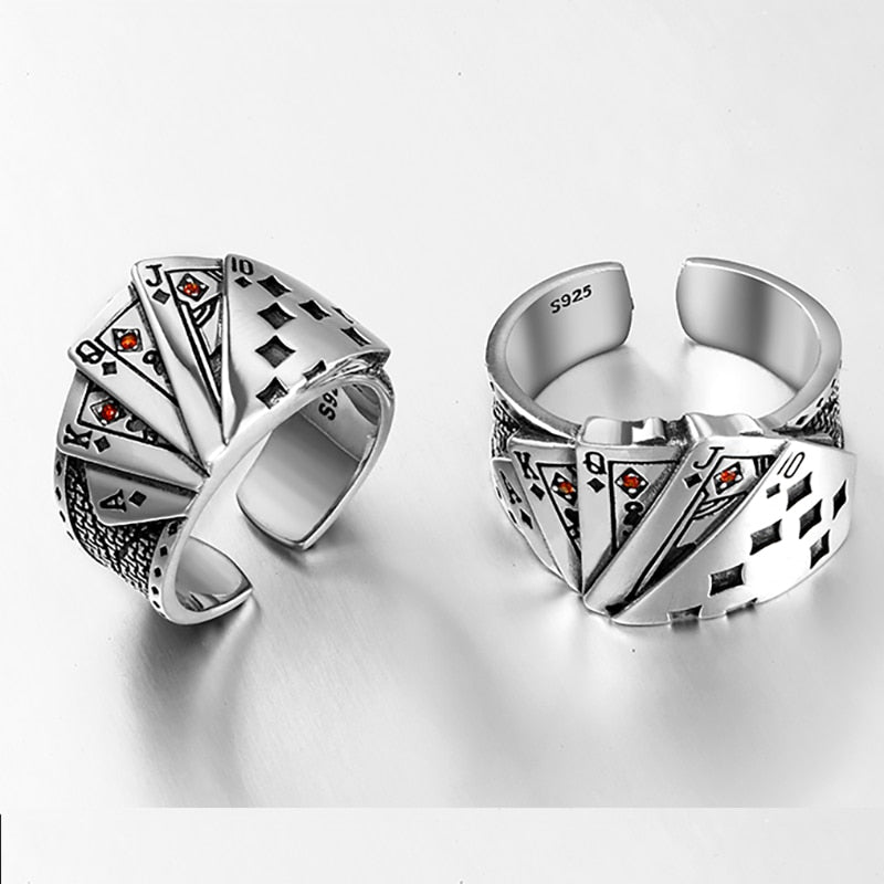 Playing Card Chunky Cubic Zirconia Engraved Adjustable 925 Sterling Silver Ring For Men  Vintage Wholesale Jewelry