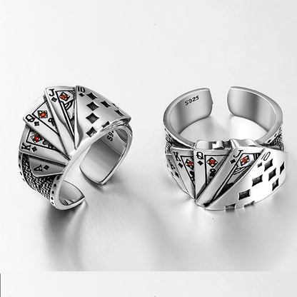 Playing Card Chunky Cubic Zirconia Engraved Adjustable 925 Sterling Silver Ring For Men  Vintage Wholesale Jewelry