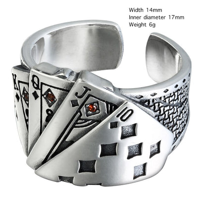 Playing Card Chunky Cubic Zirconia Engraved Adjustable 925 Sterling Silver Ring For Men  Vintage Wholesale Jewelry
