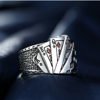 Playing Card Chunky Cubic Zirconia Engraved Adjustable 925 Sterling Silver Ring For Men  Vintage Wholesale Jewelry