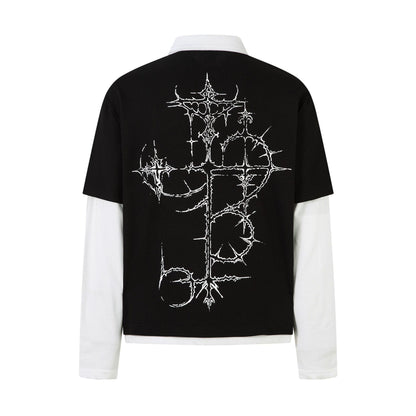 Fake two waffle collar T-shirts with long sleeves for men