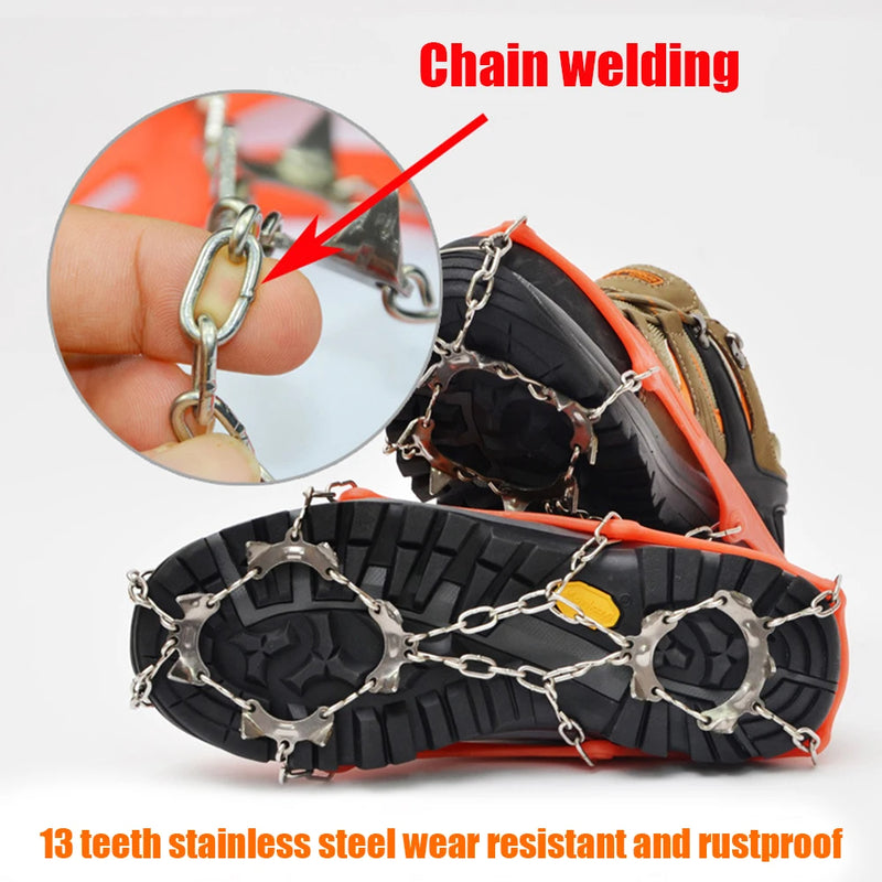 1 Pair Outdoor Climbing Non-slip Ice Snow Grippers 13 Teeth Spike Cleats Crampons for Family Outdoor Camping Accessories