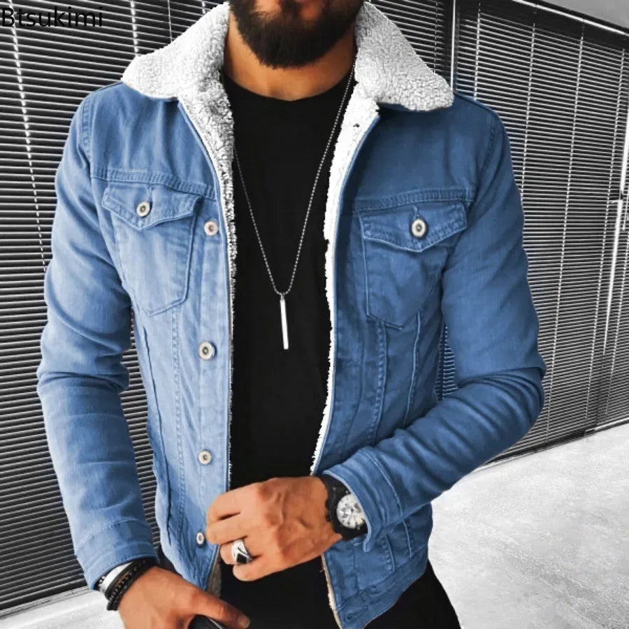 Autumn Winter Men's Imitation Lamb Fleece Thickened Warm Denim Coats Plush Lapel Button Long Sleeve Denim Jackets for Men