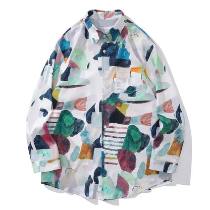 High Street Abstract Colorblock Painting Hawaiian Shirts for Men Autumn Trendy Lapel Single Breasted Long Sleeve Shirt Oversized