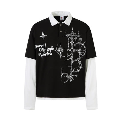 Fake two waffle collar T-shirts with long sleeves for men