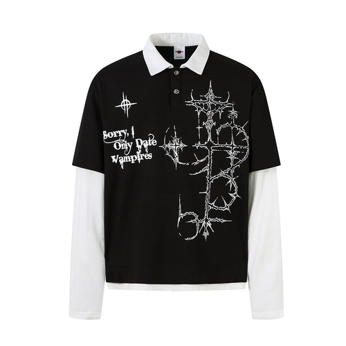 Fake two waffle collar T-shirts with long sleeves for men