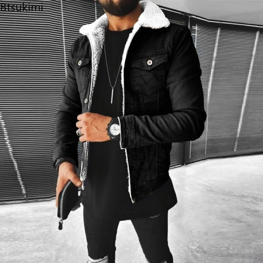 Autumn Winter Men's Imitation Lamb Fleece Thickened Warm Denim Coats Plush Lapel Button Long Sleeve Denim Jackets for Men