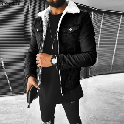 Autumn Winter Men's Imitation Lamb Fleece Thickened Warm Denim Coats Plush Lapel Button Long Sleeve Denim Jackets for Men